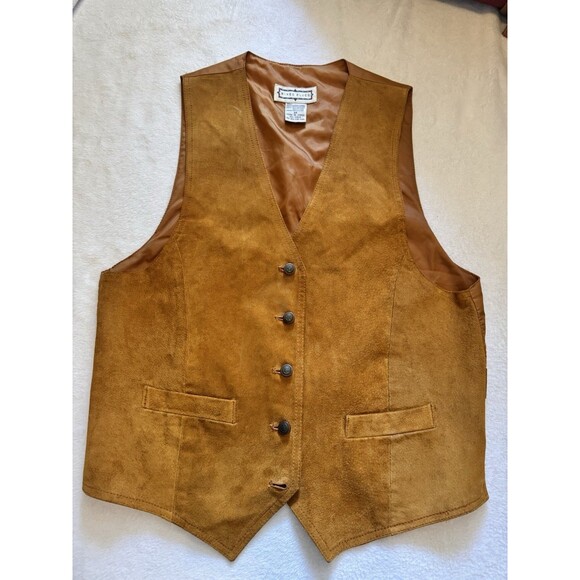 VTG Mixed Blues Tan Brown 100% GENUINE Leather Button Down Pocket Vest Men's M - Picture 1 of 8